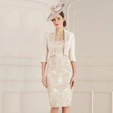 New Exquisite Mother of the Bride Dresses Lace Mother Gowns Knee Length with Jacket Two Pieces Wedding Party Dress Nude